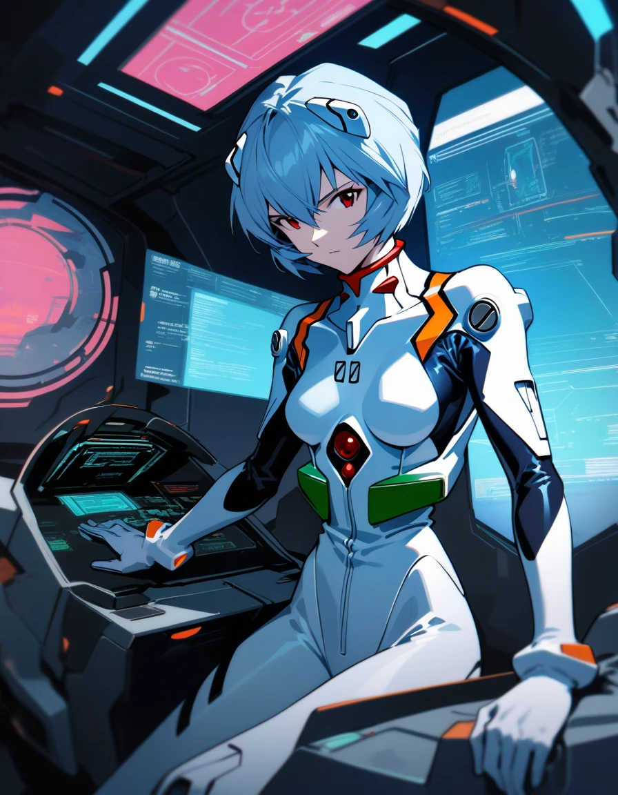One person, Ayanami Rei, Neon Genesis EVANGELION, Plug Suit, Entry Plug Interior, LCL-filled Cockpit, Holographic Display, Cylindrical Chamber, Luminous Control, Sci-Fi Technology, Pilot's Seat, Serious expression, Future outlook, masterpiece, Highest quality, Detailed Background, Futuristic Design