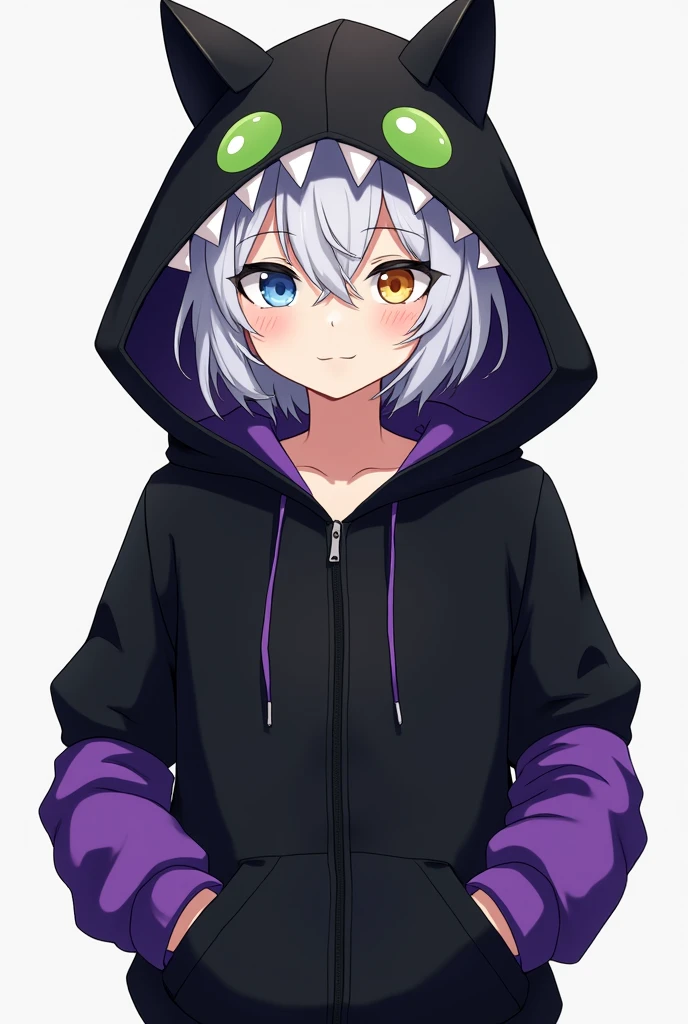 black zip hoodie,18 year old, cool boy with white hair,The hood of the hoodie has black ears and two large cute green eyes, and the frame of the hood has white fangs,The hoodie has purple fabric from the elbows down,Odd-eyed, left eye blue and right eye yellow,sharp face anime style