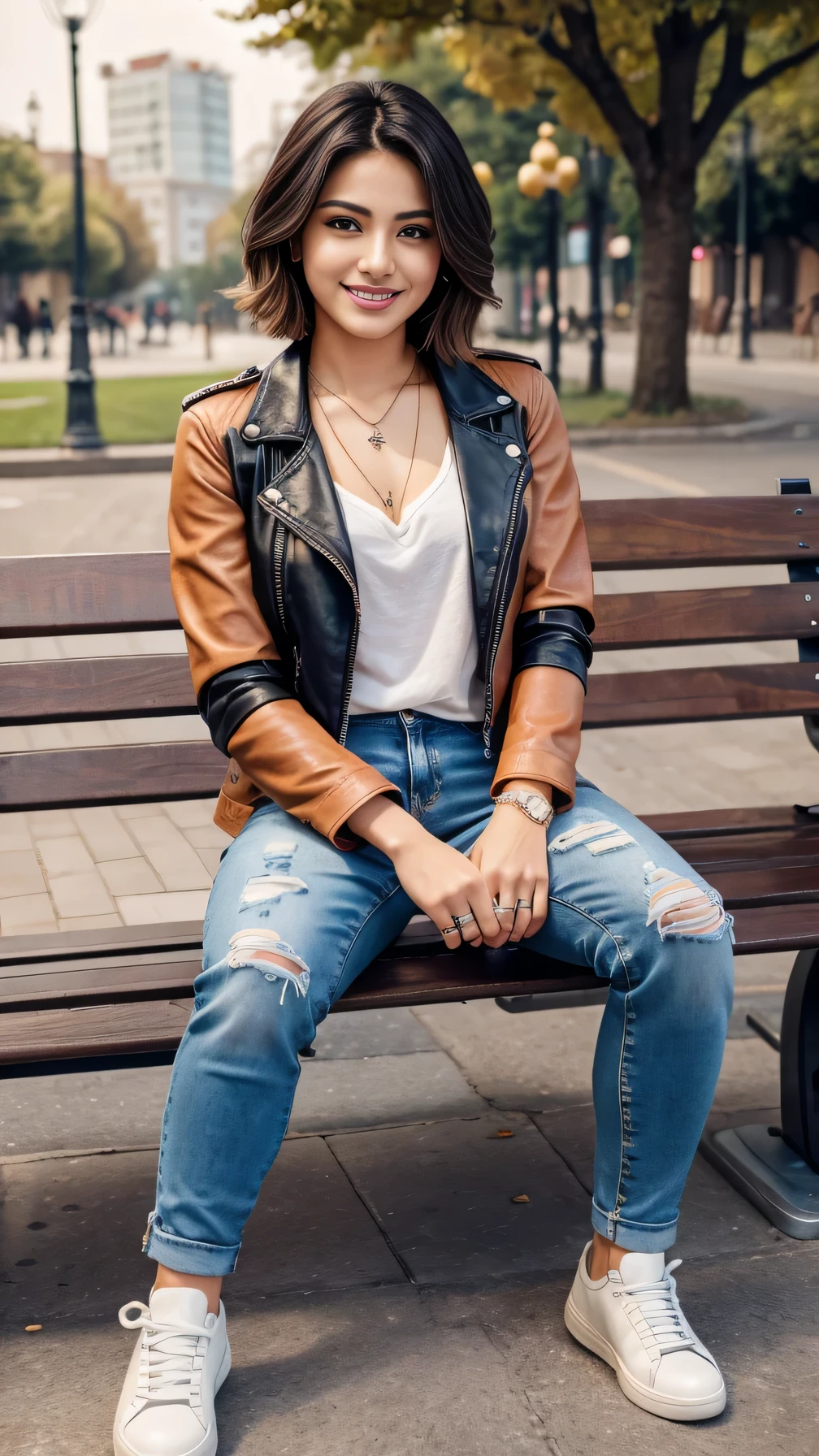 Super Resolution、Beautiful Iranian women、Full body photo、sitting on a park bench、short hair、、ear piercing、necklace、leather jacket、shirt、Skinny jeans、sneakers、smile、Beautiful teeth alignment
