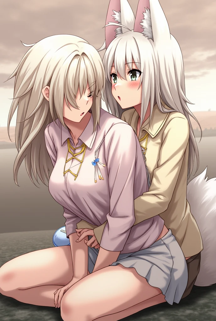Kitsune licking the girl&#39;s tits 