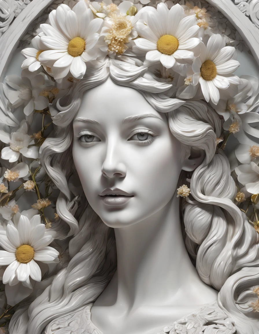 head portrait of a statue of woman with flowers on her head, beautiful digital art, beautiful digitalwork art, porcelain white skin, beautiful face, young skin, mouth with semi-open upper arch, orthodontic braces, perfect face, beautiful and perfect digital art with details, white plaster daisies, emboss, hyperrealistic Art Nouveau, incredible details, Exquisite digital illustration, complex digital art, detailed digital 3d art