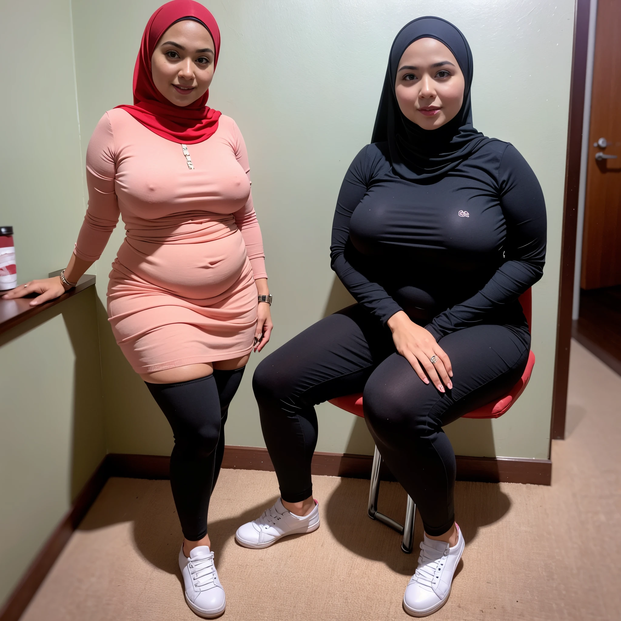 wanita berhijab syariah, short dress, sneakers, chubby cheeks, chubby arm, chubby, big breast, hot pants, chubby tight, wearing a hijab, bbw, bbc, cute girl, mature and plump, plump woman, clean and smooth pics, hyper realistic 