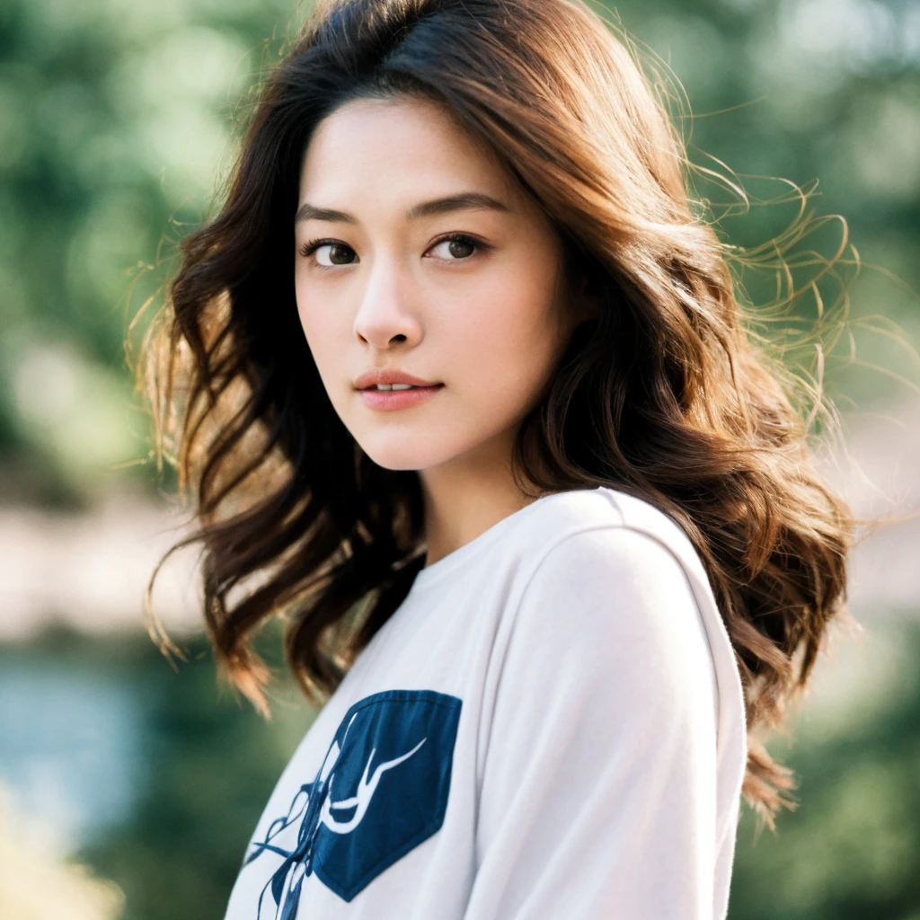 1girl, upper body, Realistic photograph best quality portrait of a beautiful gorgeous young cute Asian woman, 24yo., looking at viewer, detailed face, Realistic texture human skin, bright glowing face, droopy hooded eyes, wavy nose, wind tousled bob hair, riverside, (((young Marion Cotillard  blended face mixed with young Anne Hathaway))), wearing fossil grey t-shirt, hand up to swing up hair, flirting smiling portrayal, ethereal girl, intimate lighting sturdy, real photo, brown eyes, best quality, masterpiece, Leica SL3, Summicron-SL 75mm ASPH, F/1.8, (cinematic still:1.2), Film Never Die Kiro 400 film, bokeh, rim lighting, silhouette, shallowed depth of field, 