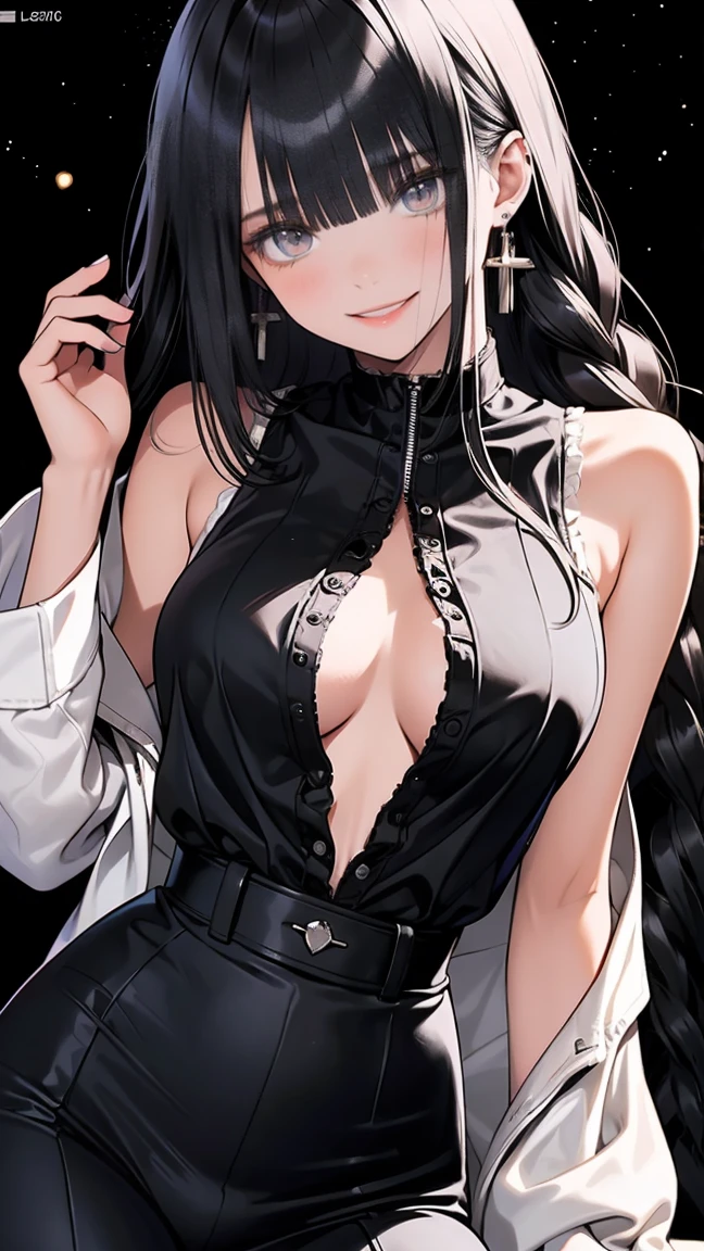 anime illustration, ((((highest quality)))), (((Ultra-precision CG 16K))), (((masterpiece))), (((Very detailed))), (((Extremely detailed))), (((Black outline:1.3, Written boundary depth:1.3 , Written soft outline, sharpness))), Maximum clarity and sharpness, Multilayer Texture, Surface Shading, Cinematic lighting, Beautiful details sparkle ,Perfect Proportions, Limited to one woman, BREAK accurate, Anatomically correct, Highly detailed face and skin texture, drawn in detail, Highly detailed facial and skin texture, Detailed eyes, beautiful hair, Beautiful Japanese Idol face, Beautiful and beautiful eyes, Beautiful body, Beautiful breasts, Beautiful thighs, Beautiful legs, Beautiful fingers, (Beautiful views) , skinny body, ((Beautiful Skin)), ((Skin Texture)) BREAK breast enlarged, medium Breasts, rocket breasts, (((perky breasts))), ((sagging breasts)), (covered nipples), slender waist, ( narrow eyes, smiling, blush, determined expression, sweaty , Heavy breathing,) , (streaked hair, hair intakes, colored inner hair, ) BREAK (((wearing printed sexy oversized professional clothing , wearing wide-leg-pants, breasts is covered by outfit, cosmic effects ))) , wearing earrings, (((tanned skin, tan lines))) , BREAK ( stick breast out, bending over, under the blue sky ),(((looking at viewer, super detailed background , ))), BREAK (((portrait , close-up of face, bust-up shot, looking at viewer, )), (natural make), random angle , random situation , pinup magazine pose,