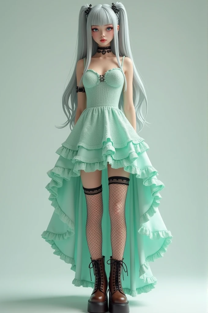 1 cute,White knit,Mint green fishtail dress,Black hot pants,Choker on neck,Silver-haired long-haired,Half Twin,Black fishnet stockings,Black garter belt,White skin,Idol Costumes,Full body front view,Frills,Brown platform boots.