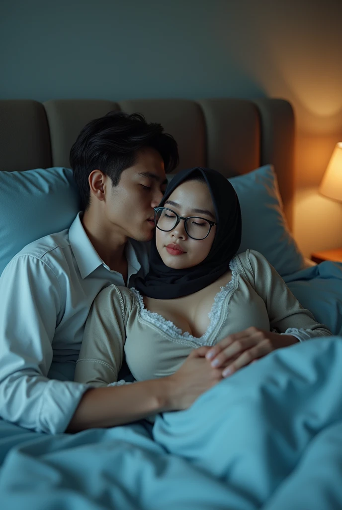 Wide top view, close up, Highly detailed CG Unity wallpaper,full body, matured malay woman in hijab,45 year, glasses, big breast nipple, naked Next to him is a male his hand is tucking in the vagina girls, sleeping in living room portrait photography, lying in living room naked, mid shot photo, ultra detail, professional photograph with professional lighting, smile, light blue carpet, living room, sexy seducing sleep pose, slim,real,6k