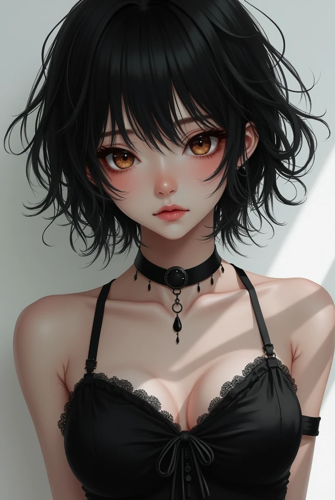 masterpiece,(best quality,top quality,8k),illustration,painting,detailed eyes and face,(1girl), brown eyes, black hair, messy hair, short hair, hair between eyes, pixie cut, goth, gothic, choker, (thick lips:1.2), (black dress:1.2), pretty girl, beauty skin, ultra high res, raw photo , detailed body ,(puffy eyes) ,good contrast , high sharpness,(gorgeous),realistic,RAW Photography,(hyperdetailed:1.2)