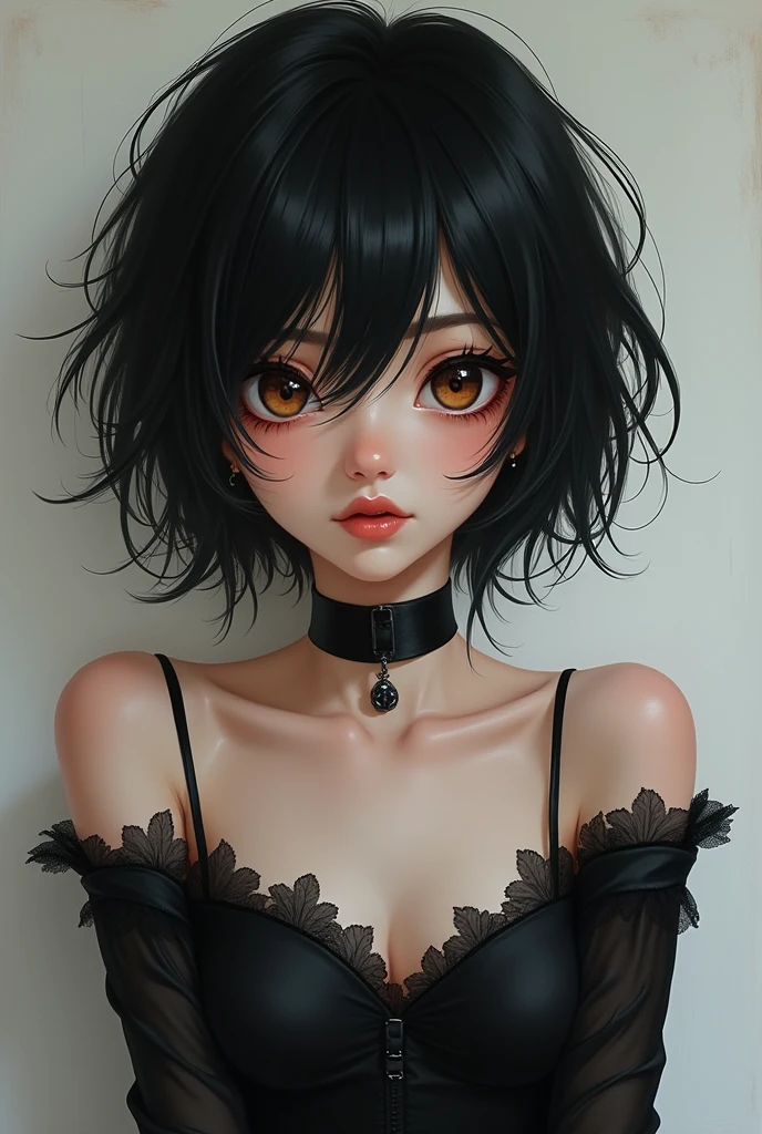 masterpiece,(best quality,top quality,8k),illustration,painting,detailed eyes and face,(1girl), brown eyes, black hair, messy hair, short hair, hair between eyes, pixie cut, goth, gothic, choker, (thick lips:1.2), (black dress:1.2), pretty girl, beauty skin, ultra high res, raw photo , detailed body ,(puffy eyes) ,good contrast , high sharpness,(gorgeous),realistic,RAW Photography,(hyperdetailed:1.2)