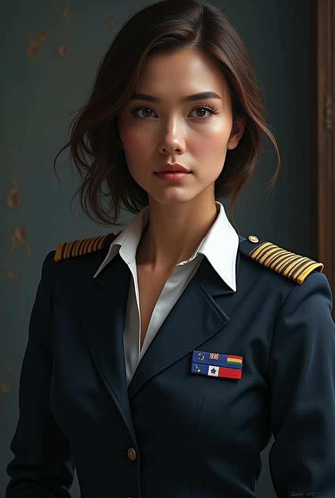 A woman wearing a uniform with a naval officer's badge
