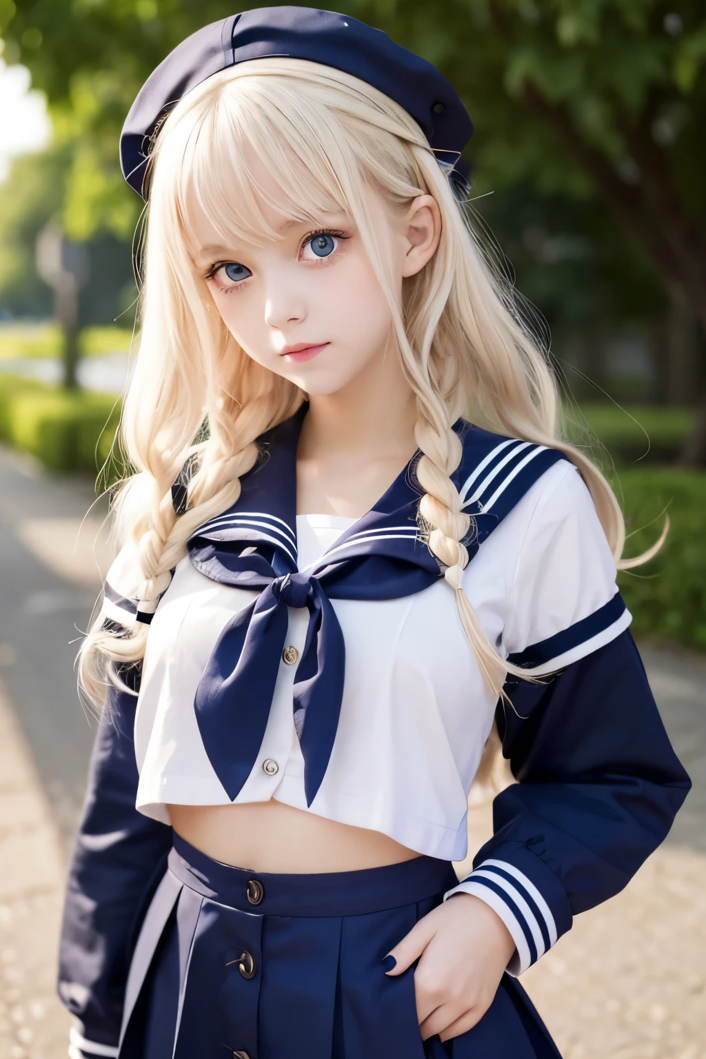 A beautiful German girl with an innocent face, long wavy platinum blonde hair, a sailor uniform with a belly button showing, and big eyes