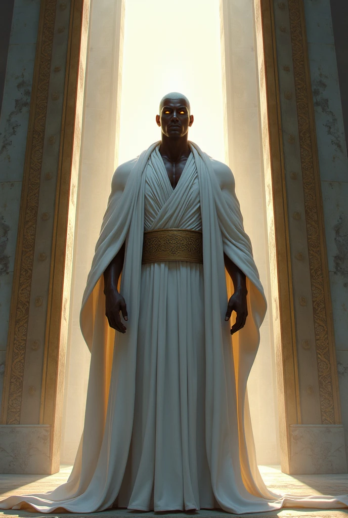 A young priest, 25 years old, 195 cm tall, black skinned, round face, short white hair, yellow eyes, muscular body, wearing a white robe covering his naked body, standing at the entrance to the temple