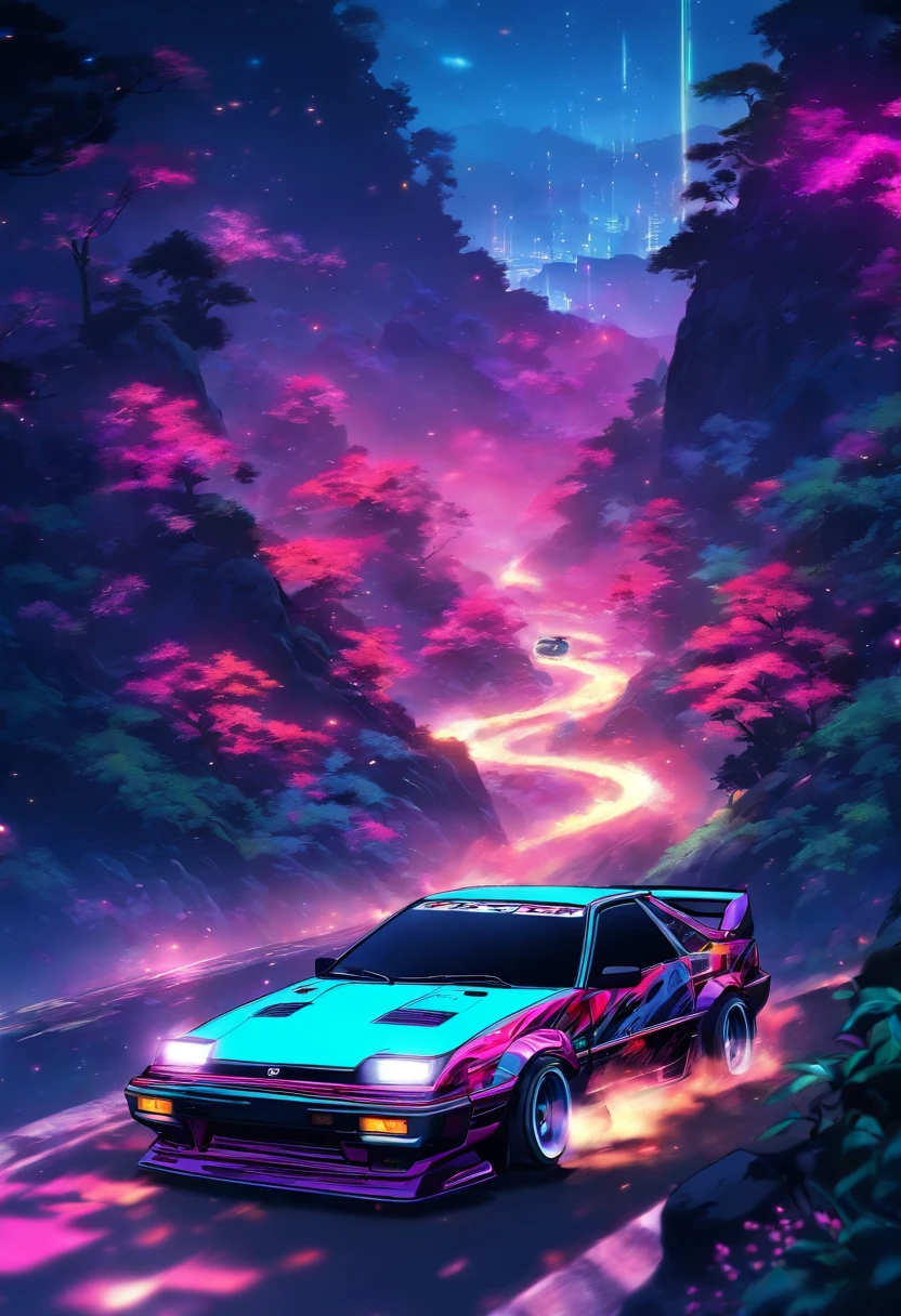 AE86、Late Night、descending a mountain pass、Sharp curve、inertia drift、Driver's Perspective、RX7、competition、Two cars、Highest quality、Cornering with inertial drift、
