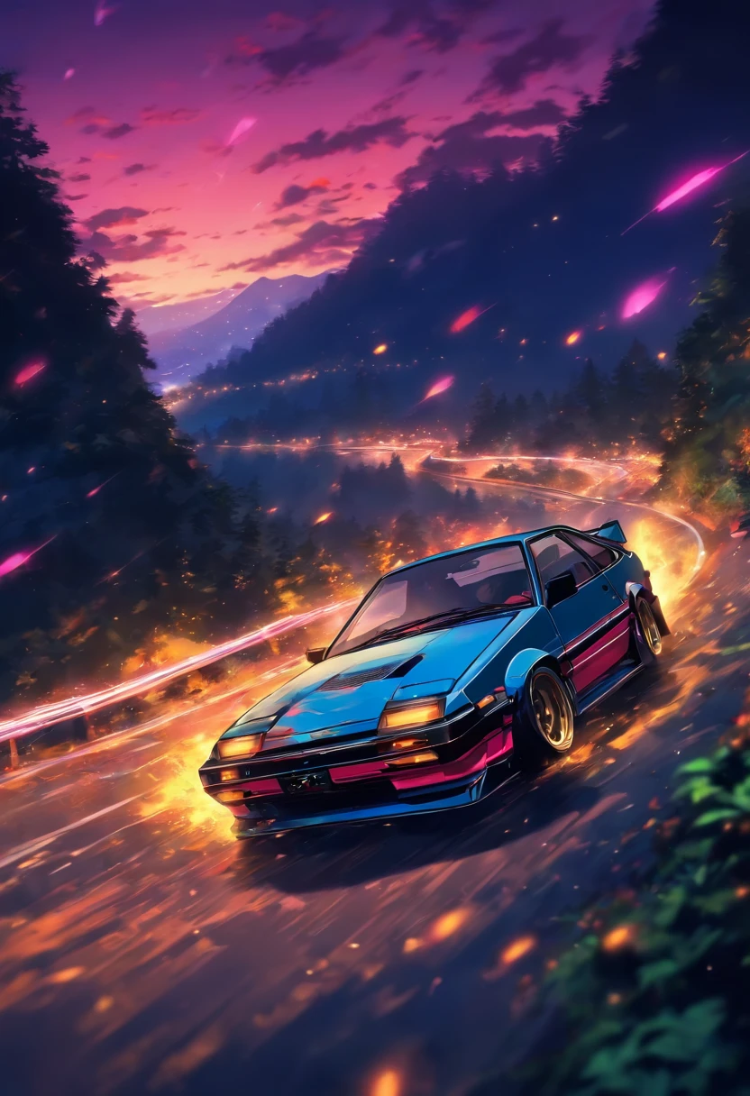 AE86、Late Night、descending a mountain pass、Sharp curve、inertia drift、Driver's Perspective、RX7、competition、Two cars、Highest quality、Cornering with inertial drift、