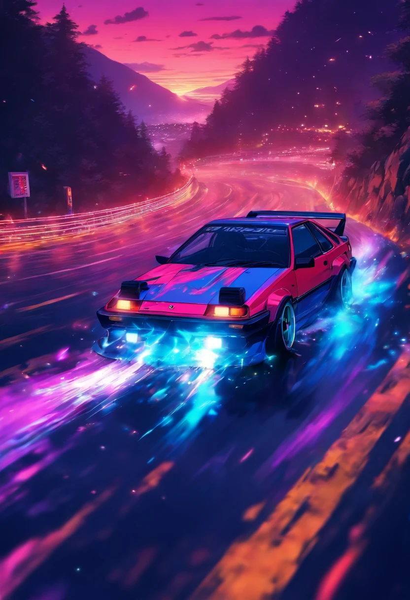 AE86、Late Night、descending a mountain pass、Sharp curve、inertia drift、Driver's Perspective、RX7、competition、Two cars、Highest quality、Cornering with inertial drift、
