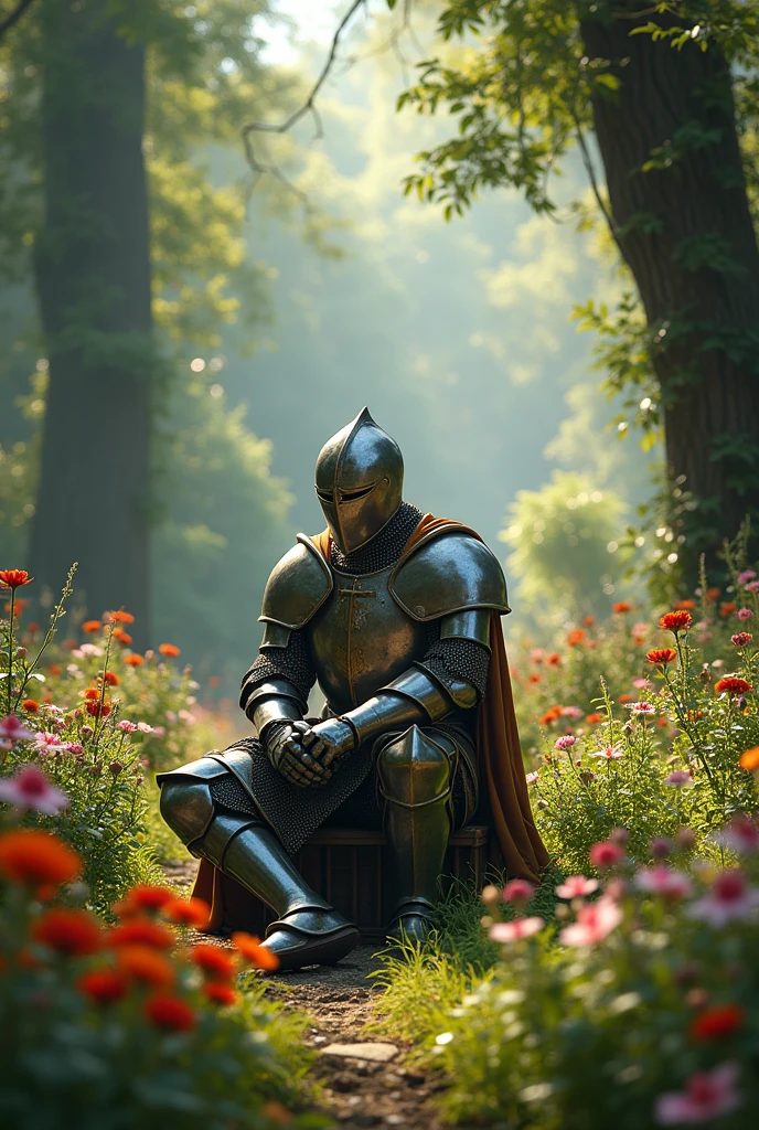 Imagine a knight sitting in the center of a vibrant and lively garden. Seu traje, a partially worn armor, reflects a soft glow under the sunlight that filters through the leaves of the trees. .