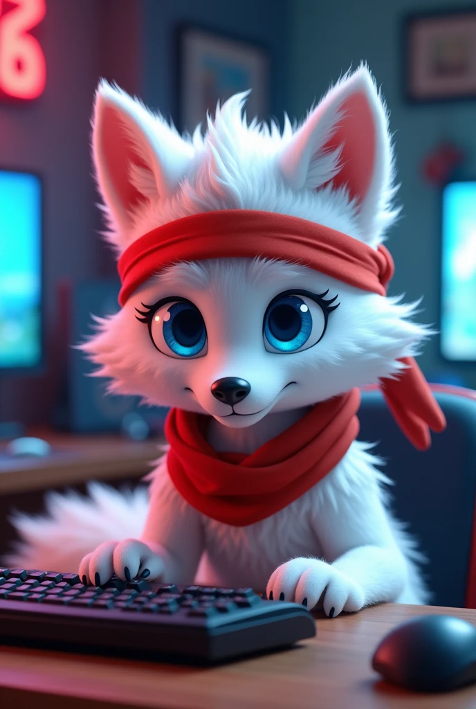 A white animated wolf with blue eyes wearing a red ninja headband, with a gamer room background from the neck up.