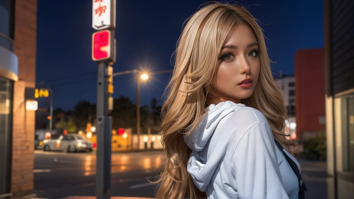黒のパーカーを着たGal,Dynamic Angle, look back, back shot, Shadow, Shadowでfaceが見えない, Perfect body, night,moonlight,Exterior lights,Gal, Hooded parka,masterpiece, Highest quality, Realistic, face,, beautiful, cute, Written boundary depth, High resolution, Super detailed, detailed, pale, night, woman,blonde,Platinum Hair,Brown Hair,orange,Wavy Hair,Shortcuts,building,intersection,stage,Pedestrian bridge,vending machine,night,深night,Blurred Background:1.2