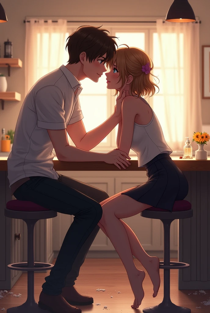 background an elegant kitchen with neutral colors, warm light. girl sitting on the kitchen bar with very light brown hair and brown eyes and red lips. with both hands beside the bar, guy with dark brown hair and blue eyes looking at the girl and standing in front of her, with one hand on her cheek and her lips inches from hers, on the floor a mixture of flour is scattered.