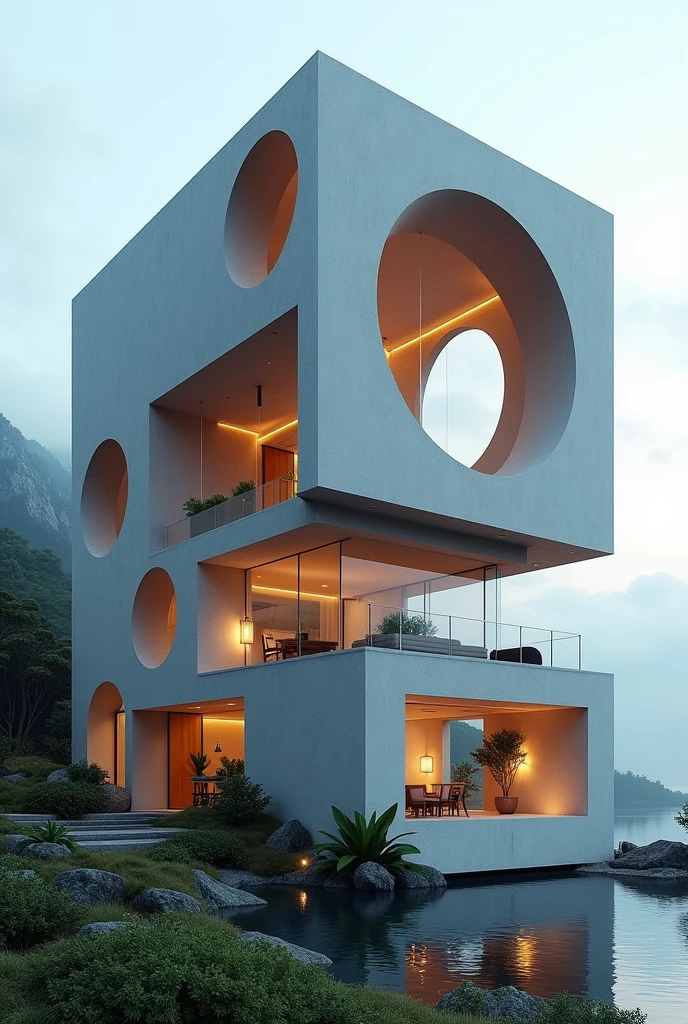 A cube-shaped house with 5 spaces (primary and secondary) from different perspectives