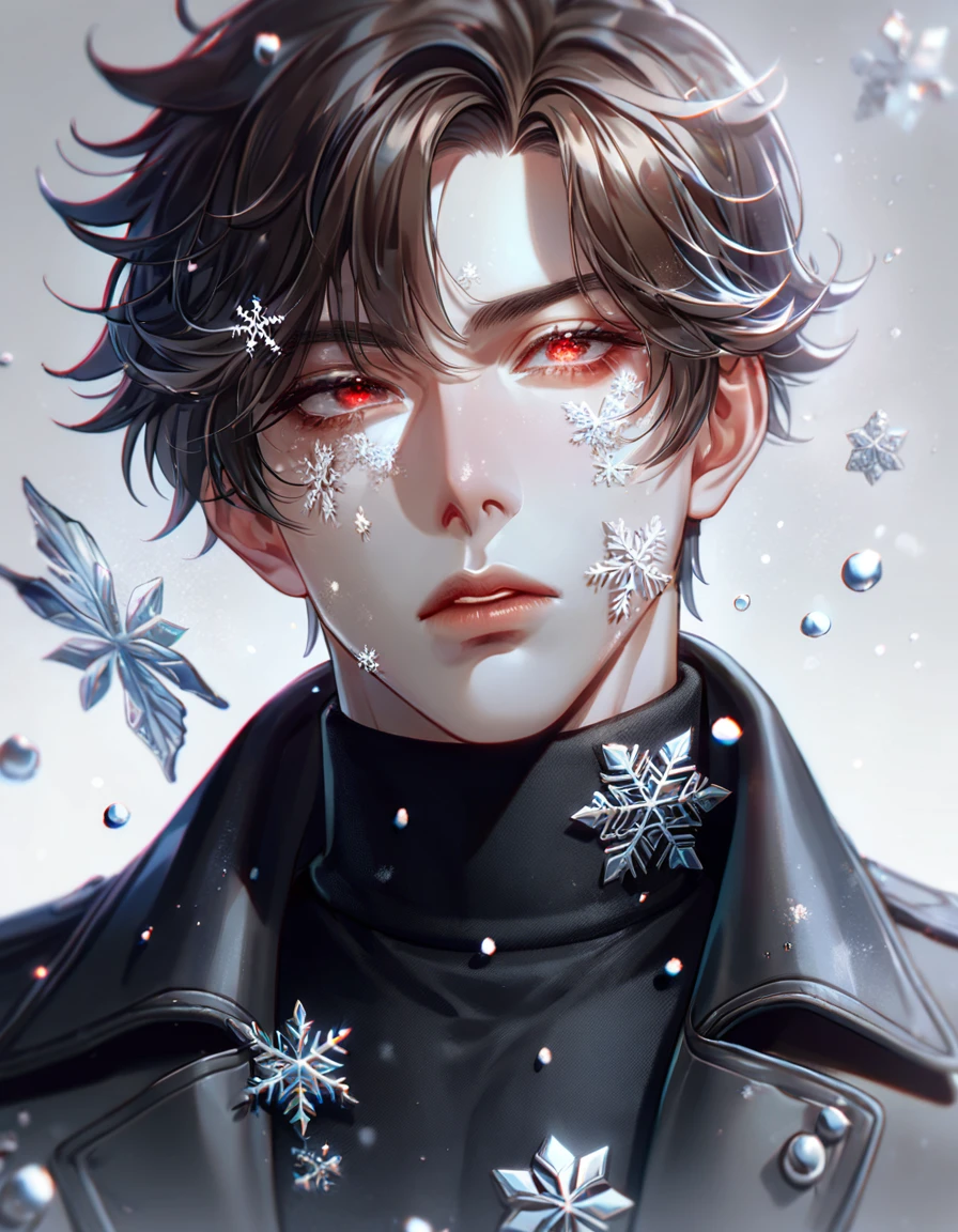 absurdres, highres, ultra detailed, HDR, master piece, best quality, extremely detailed face, delicated features, Jiu Qin, dark brown hair that parts just above his left eye, messy hair, expressive red eyes, Quanqiu Gaokao, solo, sexy man, handsome, sensual, black trench coat, black tight turtleneck shirt, black gloves, fantasy, magical, apocalyptic city, snow, snowflakes, ice butterflies, snowing