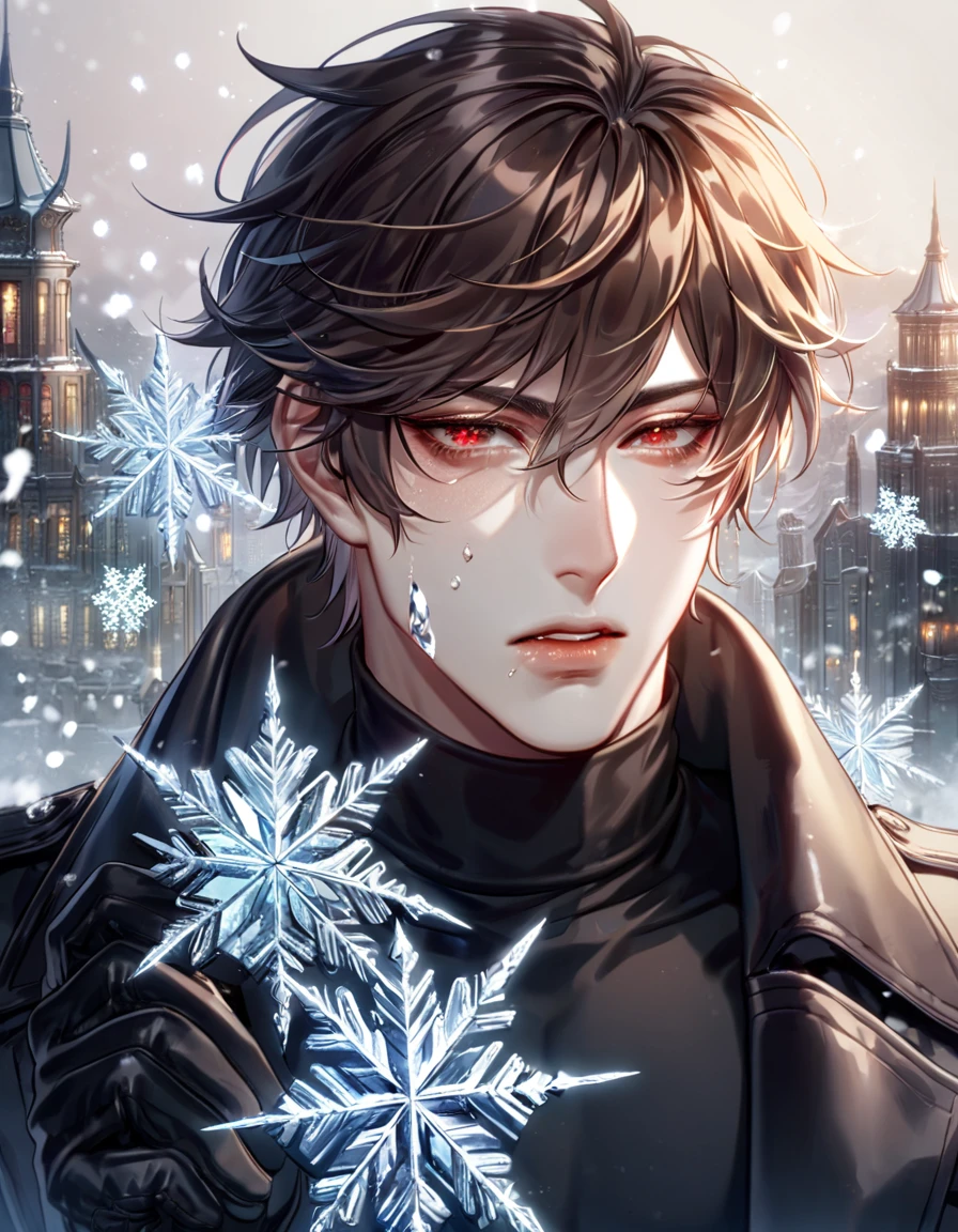 absurdres, highres, ultra detailed, HDR, master piece, best quality, extremely detailed face, delicated features, Jiu Qin, dark brown hair that parts just above his left eye, messy hair, expressive red eyes, Quanqiu Gaokao, solo, sexy man, handsome, sensual, black trench coat, black tight turtleneck shirt, black gloves, fantasy, magical, apocalyptic city, snow, snowflakes, ice butterflies, snowing