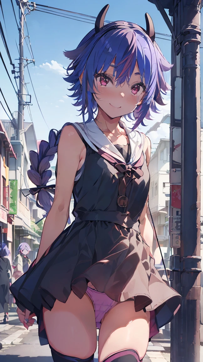 masterpiece, Highest quality, High resolution, Very detailed,(((Mikoto Naruka))), (((Town)))、(((electric wire)))、(((smile)))、(((Standing in the distance))), (((Wearing a black dress。))), (((Electric pole))), (((handrail))), (((Panty shot))), (((Pink underwear))), (((Blue Hair))), (((Multicolored Hair))), (((horn))), (((Pink Eyes))), (((Braid)))