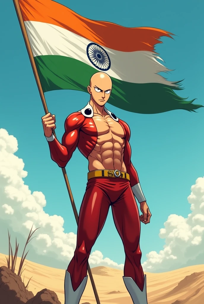 Saitama holding a Indian flag