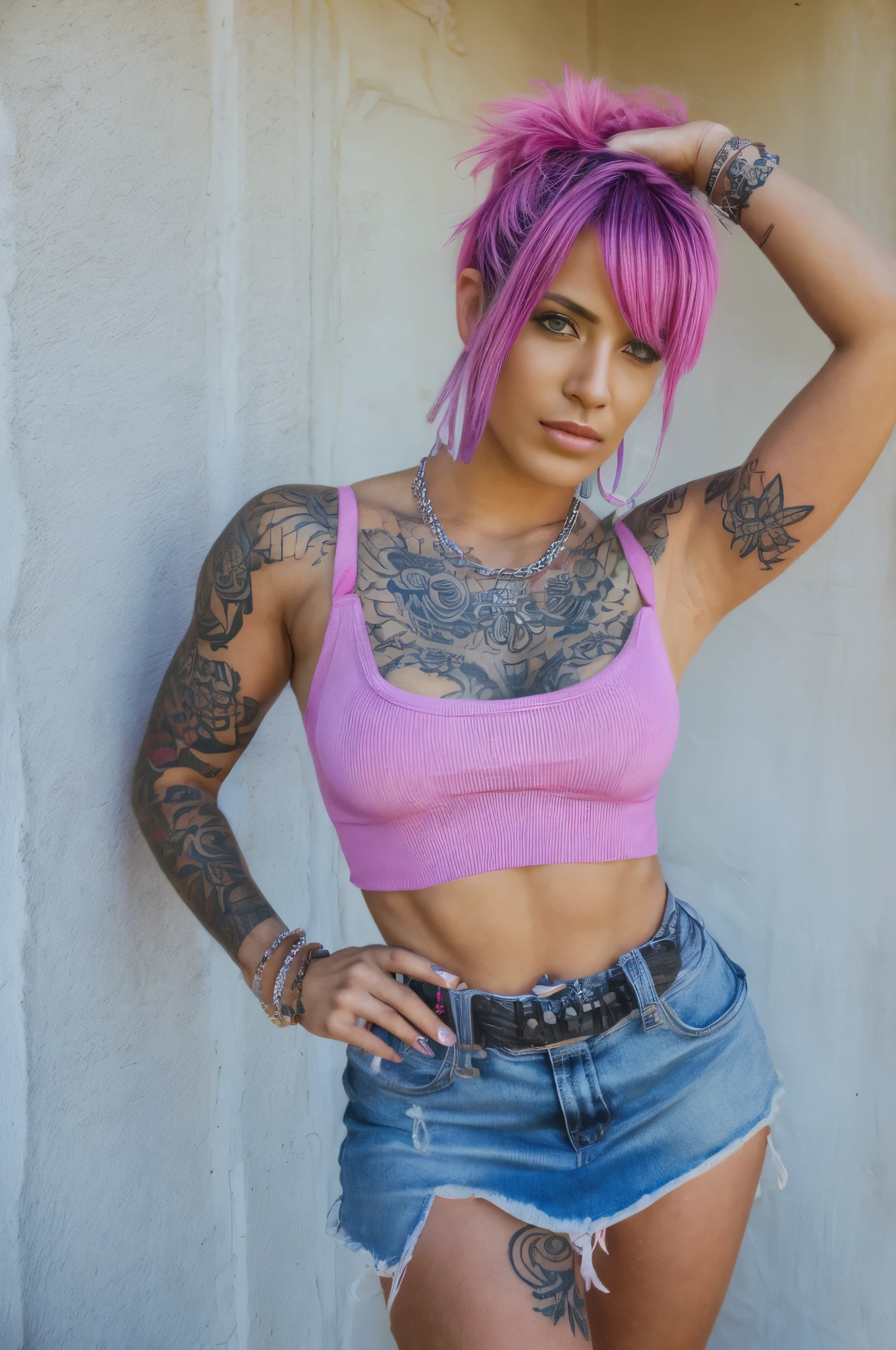 Best quality, photorealistic, 8k, masterpiece, A woman with a tattoo on her arm and a bag on her shoulder, tattoo sleeve on her right arm and neck, of brazilian girl with tattoos, tattoos and piercings, beautiful female punk,pink and purple hair, choker, heavy bracelets, pastel clothes, brazilian, miniskirt, pink tank top, bright sunny day, favela downtown, dusty road, feral grin, heavily saturated photo