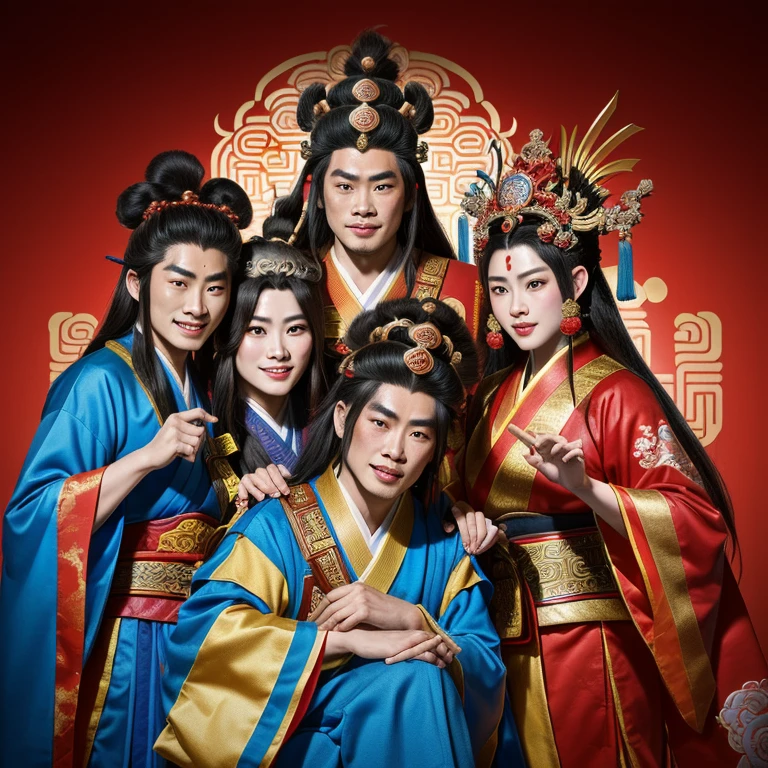 several people dressed in costumes posing for a picture with a monkey, journey to the west, monkey king, peking opera, chinese three kingdoms, scene from live action movie, still from a live action movie, three kingdoms, from three kingdoms, su fu, scene from the film, mu pan, 1 9 7 0 s japanese tv show, chinese mythology