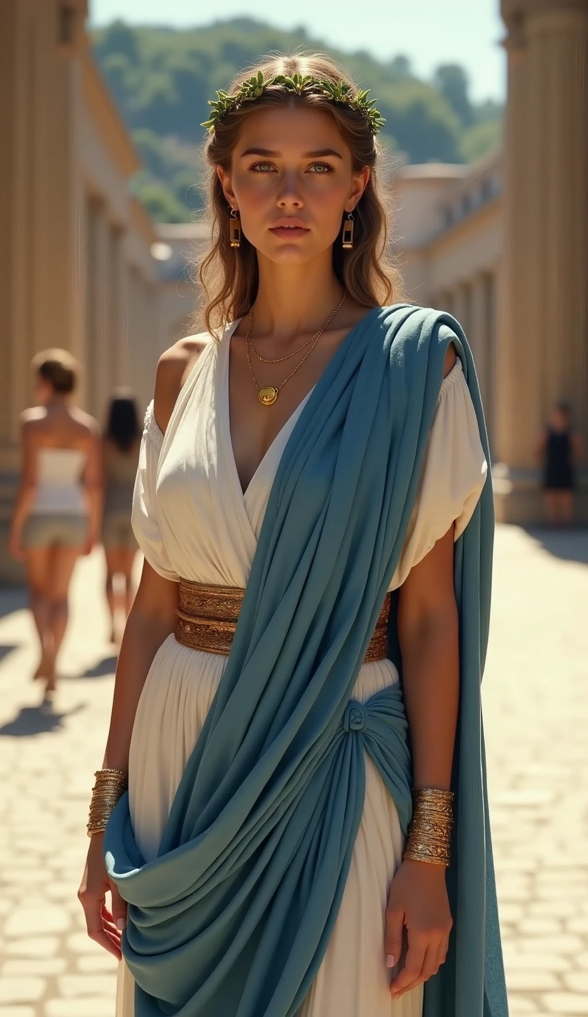 Front view, Full-body, looking at viewer, Empire of Roman girl, 1 girl is 18 age-old, Hers name Julia, BC 21 years marriage, (Light brown hair, middle hair , wince, brown eyes, beautiful lip, olive leaf tiara, gold earing and neckless, little smile), (big breasts, slender whist, wide hip) ,(wearing White an ancient Roman imperial elegant tunic:1.3), (Blue elegant Toga, fasten gold button :1.5), ((leather Sandal)), on street of Palace, in Roman, standing pose, noon, (textured skin , HI detailed skin, (foreshortening, Canon, 8k, anatomically correct, super detail, high details, highness)