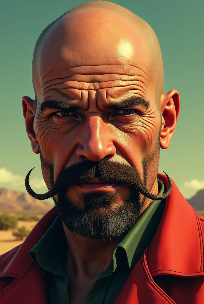 Walter White mixed with Jorge Negrete. Emphasize Jorge Negrete's mustache and Walter White's bald head.
