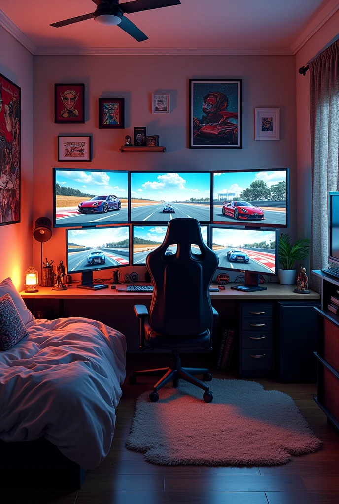 racing simulator, bed, closet, chair, room, racing car, picture RACING, computers, bedroom, 3D, medium room