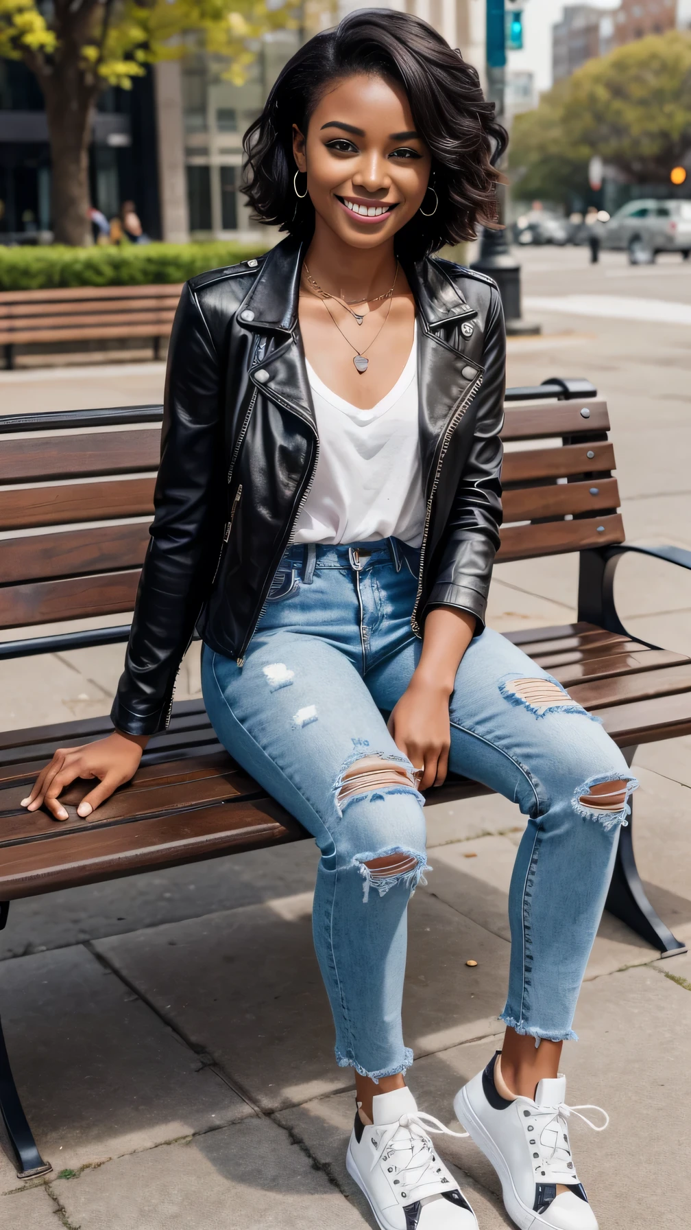 Super Resolution、Beautiful Black Woman、Full body photo、sitting on a park bench、short hair、、ear piercing、necklace、leather jacket、shirt、Skinny jeans、sneakers、smile、Beautiful teeth alignment