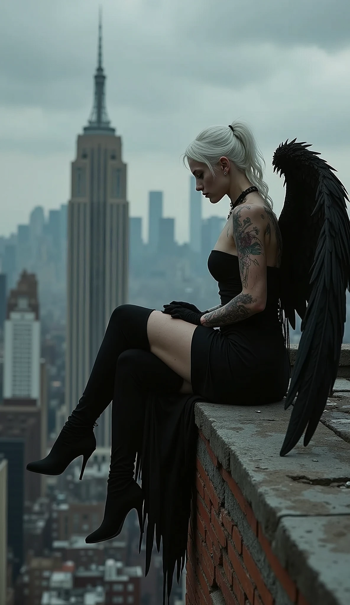A beautiful woman with white hair and pale skin, wearing black is sitting on the ledge of an old building overlooking New York City while holding hands with her dark angel lover who has wings and tattoos in his body. The sky above them is gray, gloomy, ominous. She wears boots and gloves. A fantasy romance book cover image. High contrast color photo by Mark Bagley.