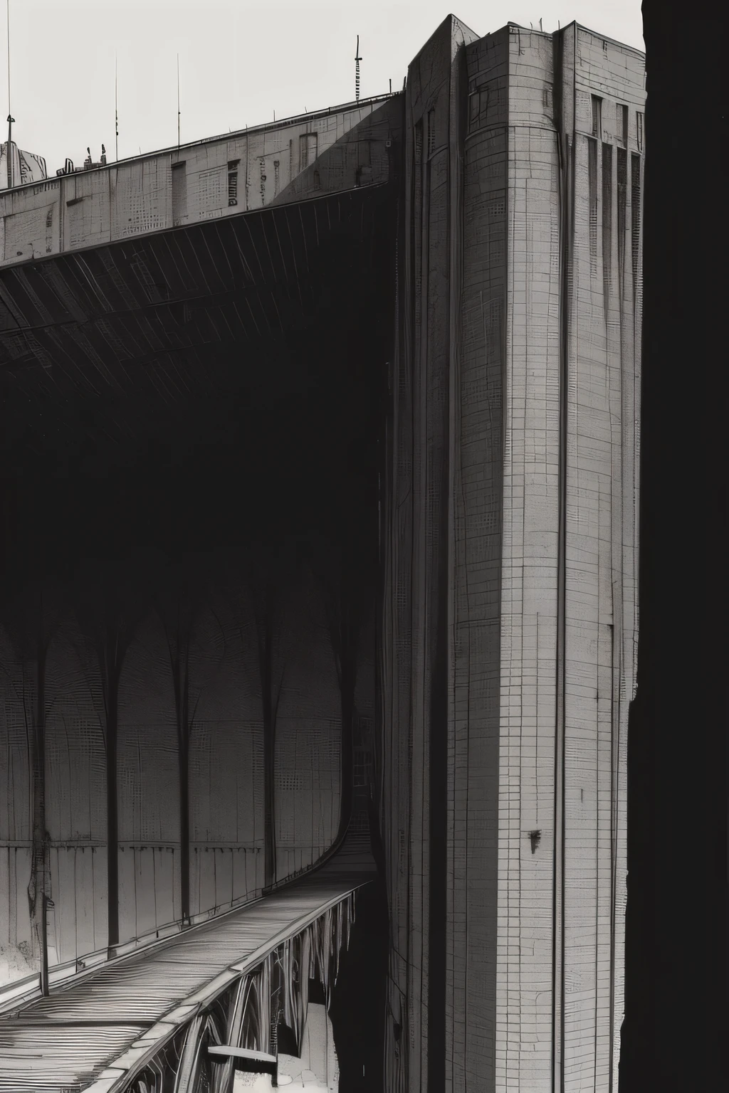 Side view of an imposing giant bridge of brutalist stone going across an imense of darkness, black and white