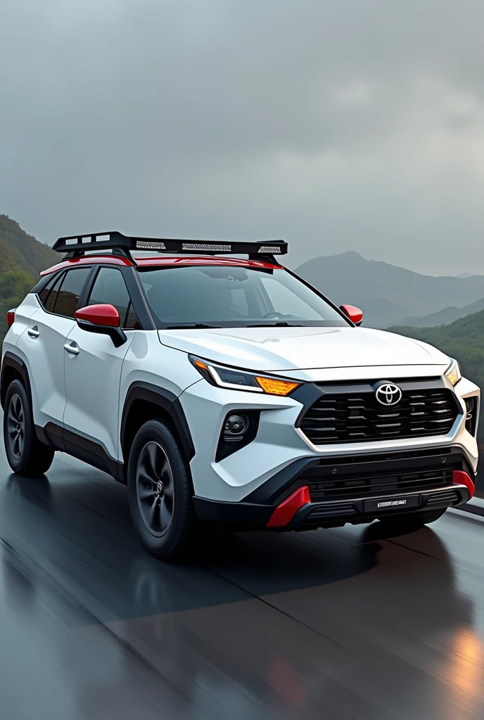 2024 white Toyota Rush with rain guards, tinted windows, for front bumper and running boards, black rings, roof bars and put a black line sticker on the doors