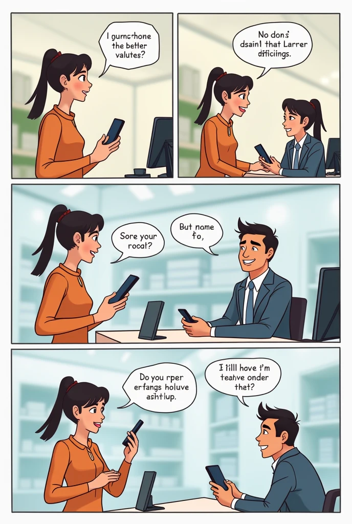 easy drawing , draw 6 frames in comic in one show
Frame 1 ( draw)
A customer looking at two similar celphone on the different shelf and each priced differently.
*Customer Thought Bubble:* "Which one is worth my money?"
Frame 2 ( draw)
A salesperson approaches and begins to explain the unique features and benefits of one product.
*Salesperson:* "This one offers extended warranty, better durability, and free customer support."
Frame 3 ( draw)
The customer compares the information they received.
*Customer Thought Bubble:* "I think this one gives me more value, even if it’s slightly more expensive."
Frame 4 ( draw)
The customer happily buys the product with added value.
*Customer:* "I’m so glad I chose this one! The extra benefits make it worth the price."
Frame 5 ( draw)
The customer uses the product and shares their experience with friends.
*Customer:* "The warranty saved me when it broke! Great value for my money."
Frame 6 (draw)
* A new customer hears the positive feedback and considers the product.
*New Customer Thought Bubble:* "Seems like a good value. I'll buy it too!"