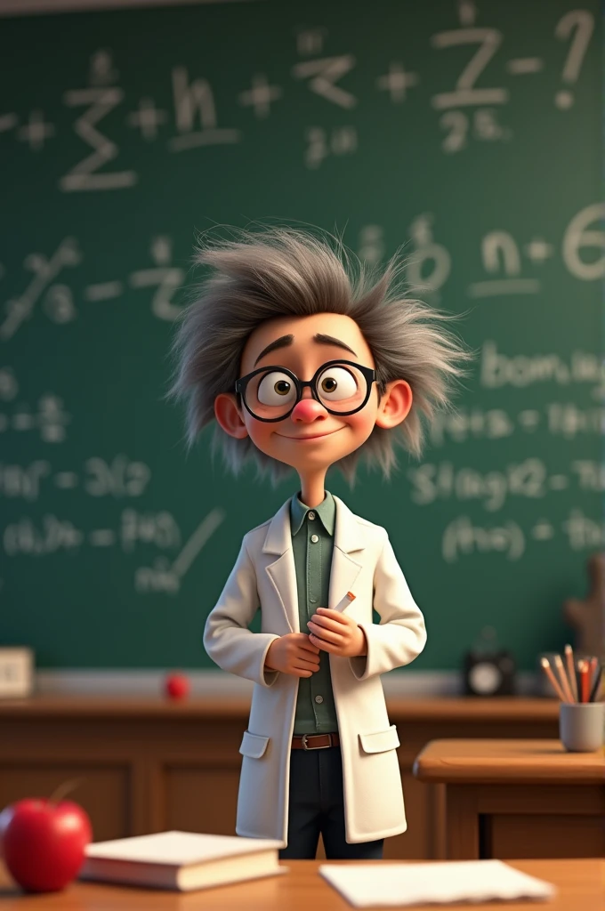 Math teacher with messy hair and glasses at the blackboard with a white coat and an apple on his desk in the style of Pixar animation