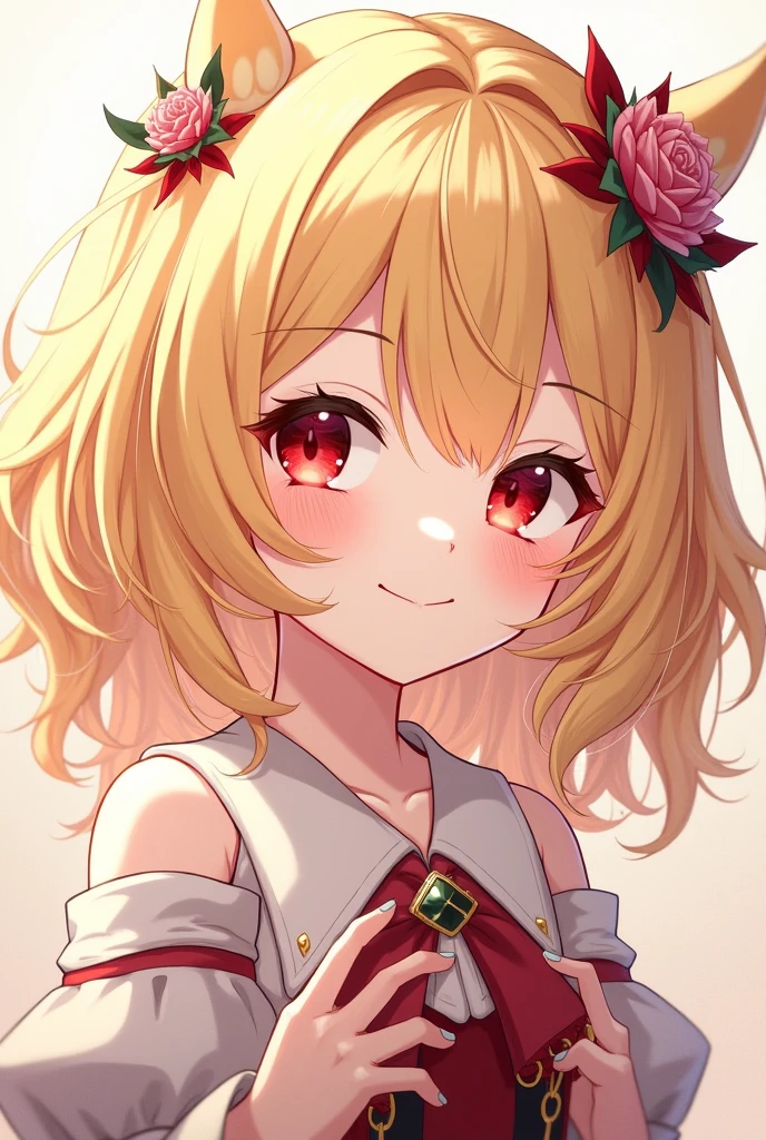 An image of a gacha character with red eyes, blonde hair and kinda cute