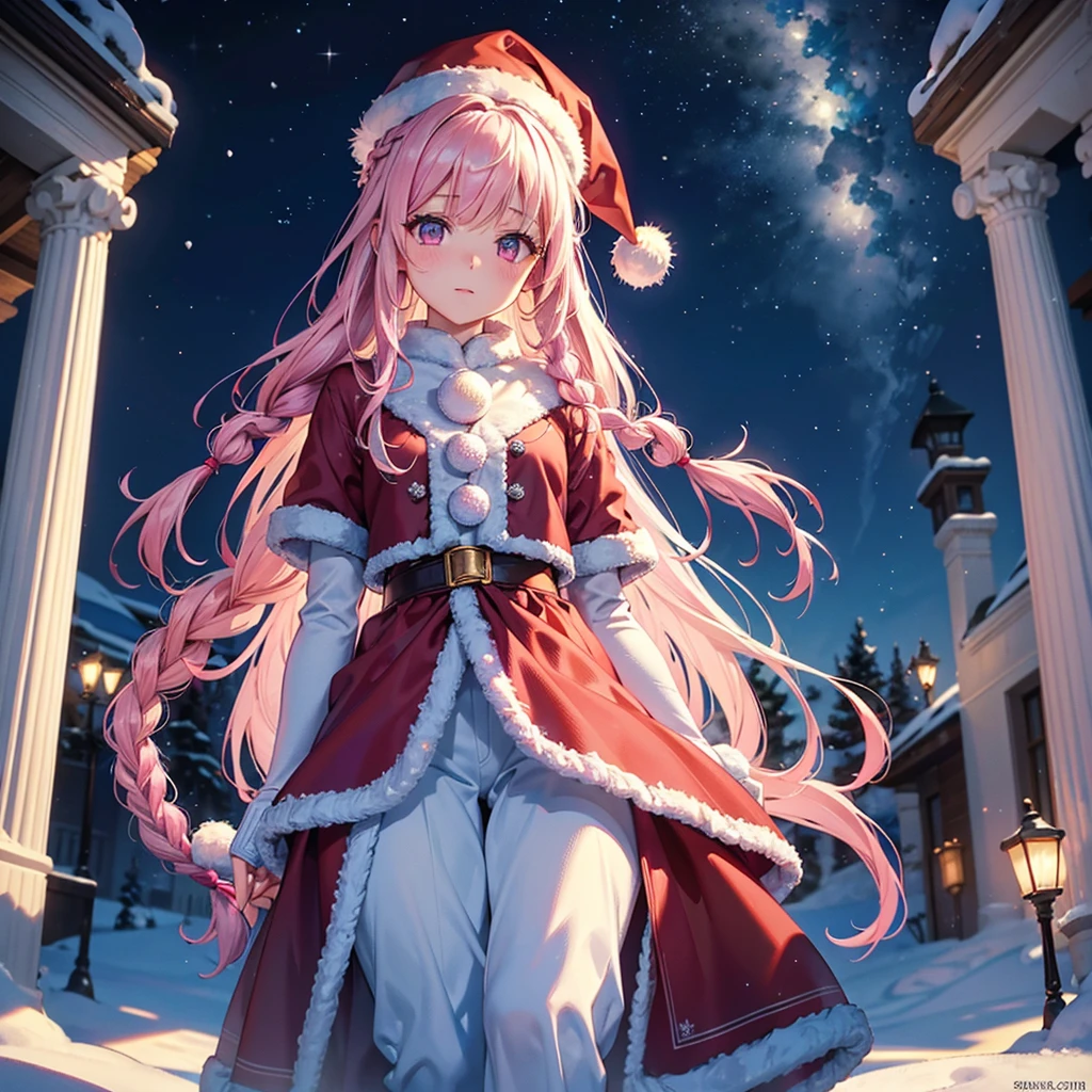 (Sky blue one Braided Hair),(Pink Eyes),Fair Skin,Full Body,Alone,Santa Claus Clothes,Giant Christmas Tree in the Background,Snowy Night,Sparkling Night Sky,snowman,gift box,Masterpiece, Top Quality, Very Detailed, Best Shadows,Detailed Background,Beautifully Detailed Face,High Contrast,Best Lighting, Very Delicate and Beautiful,Cinematic Light,Hyper Detail,8k,Dramatic Light,Exquisite Detail,