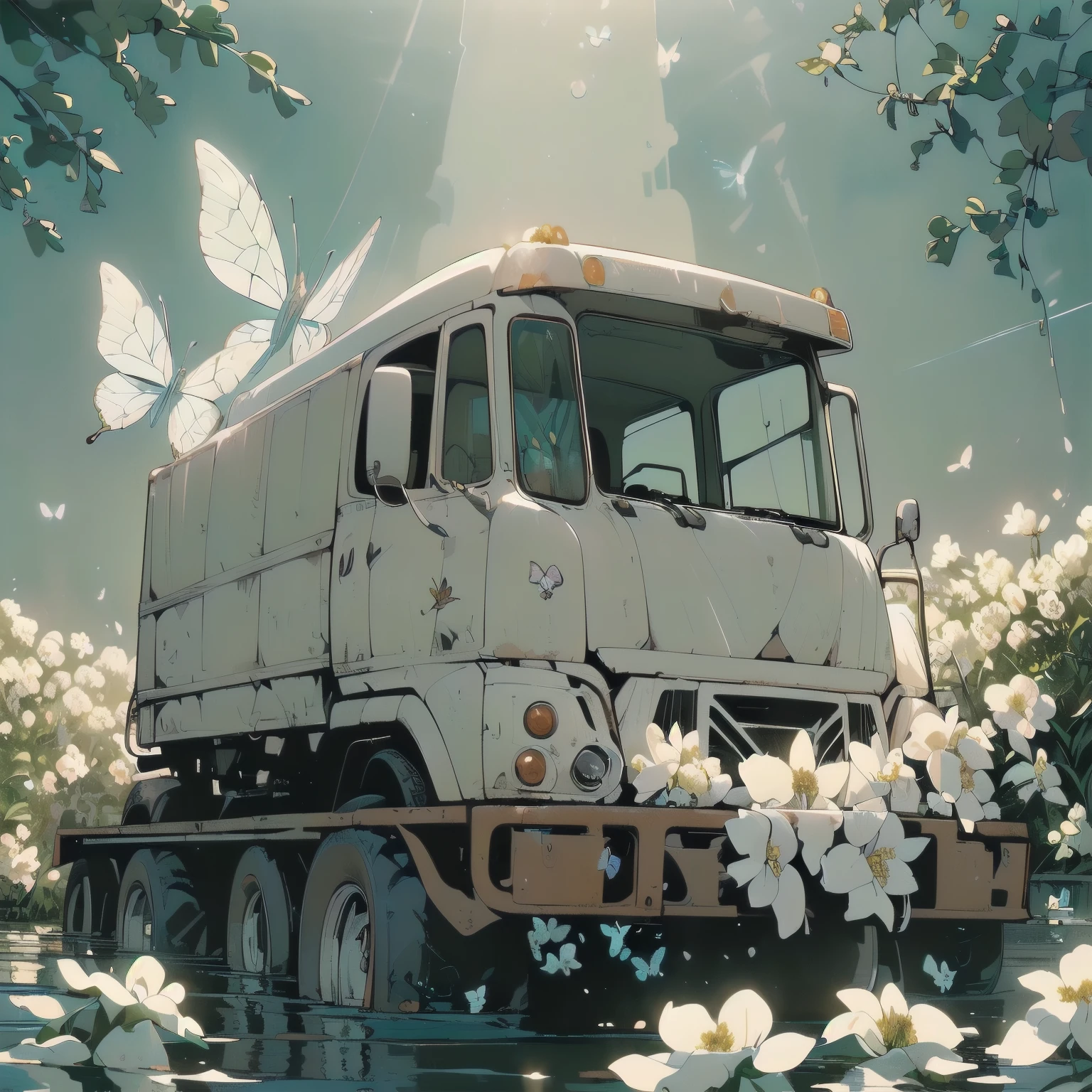 (((Masterpiece, top quality))), (((32K wallpaper))), ultra high resolution, (((close-up))), gorgeous light leak, (((backlit))), highly detailed background, top quality, (((no humans))), highly transparent river, (((extremely detailed rusty heavy truck with many white flowers)), (((( very dull color )))), (((( white flowers in the water))), (((butterfly))),(((Strong light shines in)))