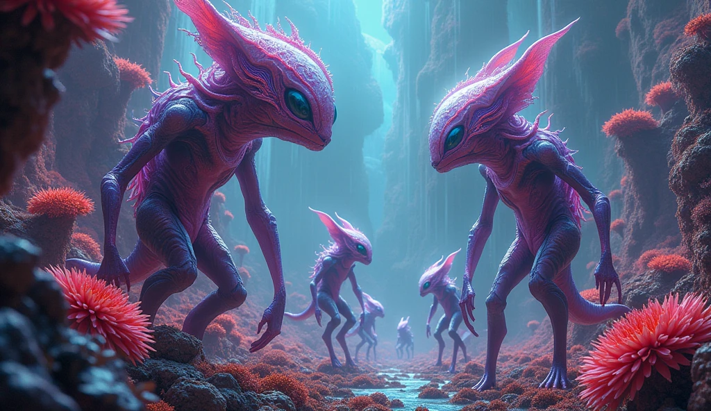 Best quality, A high-resolution masterpiece，Non-humanoid alien creatures,Highqualityshadow, Vibrant colors, otherworldly landscape, Surreal art style, Dynamic lighting.