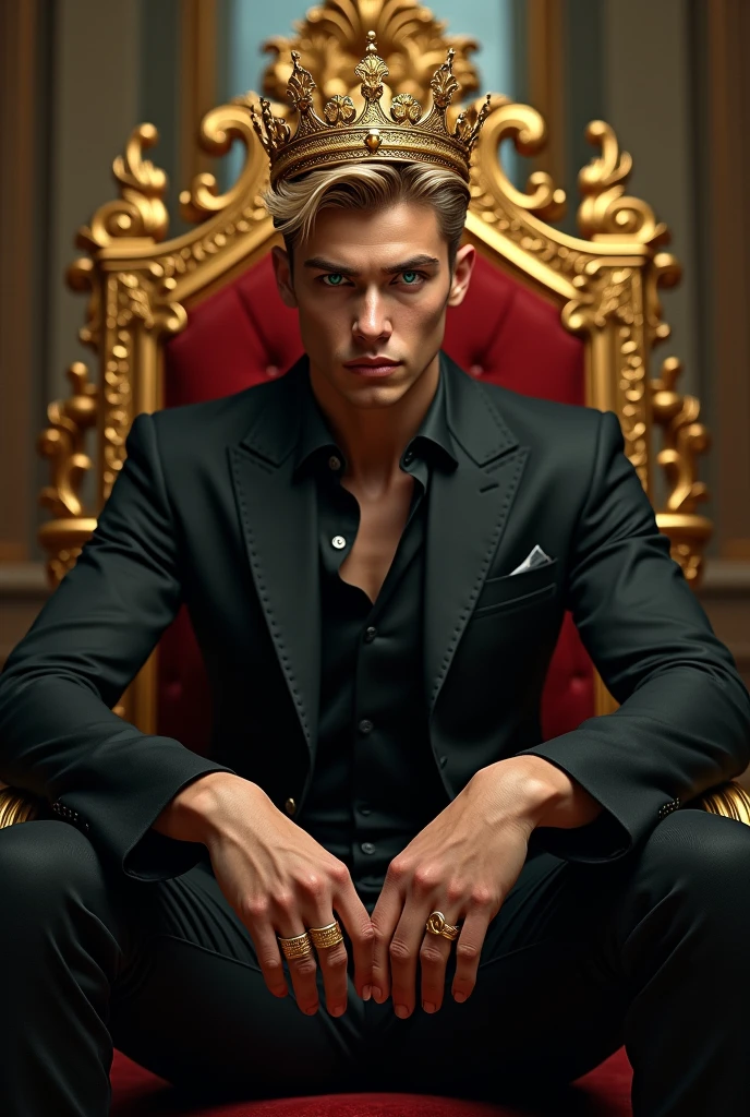 (photorealism:1.2), handsome man, young, dominant aura, sitting on a golden throne, with an intimidating pose, dressed in a black suit, black pants, blond hair, green eyes, golden crown and gold rings