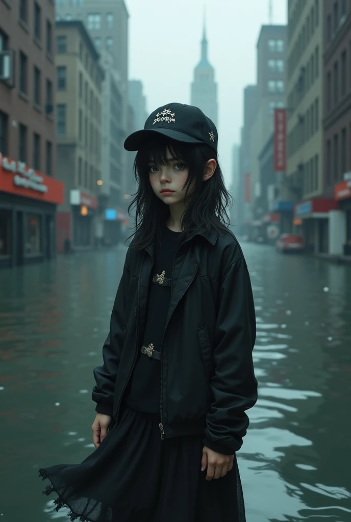 create an image of a long-haired boy with black eyeliner, that she wears pants with a black skirt and a cap with stars, The background will be the flooded city of New York