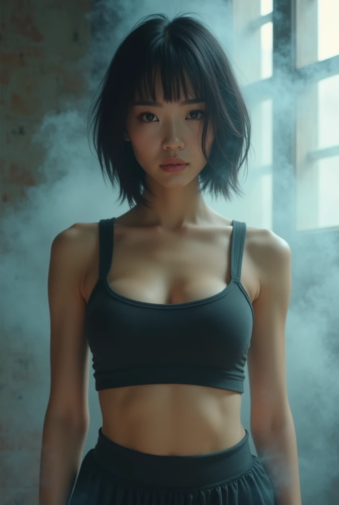 ((Best quality, 8k, Masterpiece :1.3)), 1girl, Pretty woman with emphasizing abs :1.3, (short cut hairstyles, Huge breasts),Ultra-detailed face, Detailed eyes, Double eyelid,((from the thighs up)),japanese,hyper realistic photography, Hyper Sharp Image, Hyper Detail Image,(short cut hair),((Mysterious Fog))