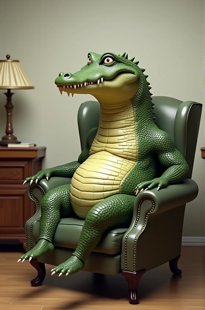 Crocodile sitting in a chair with legs crossed and smiling