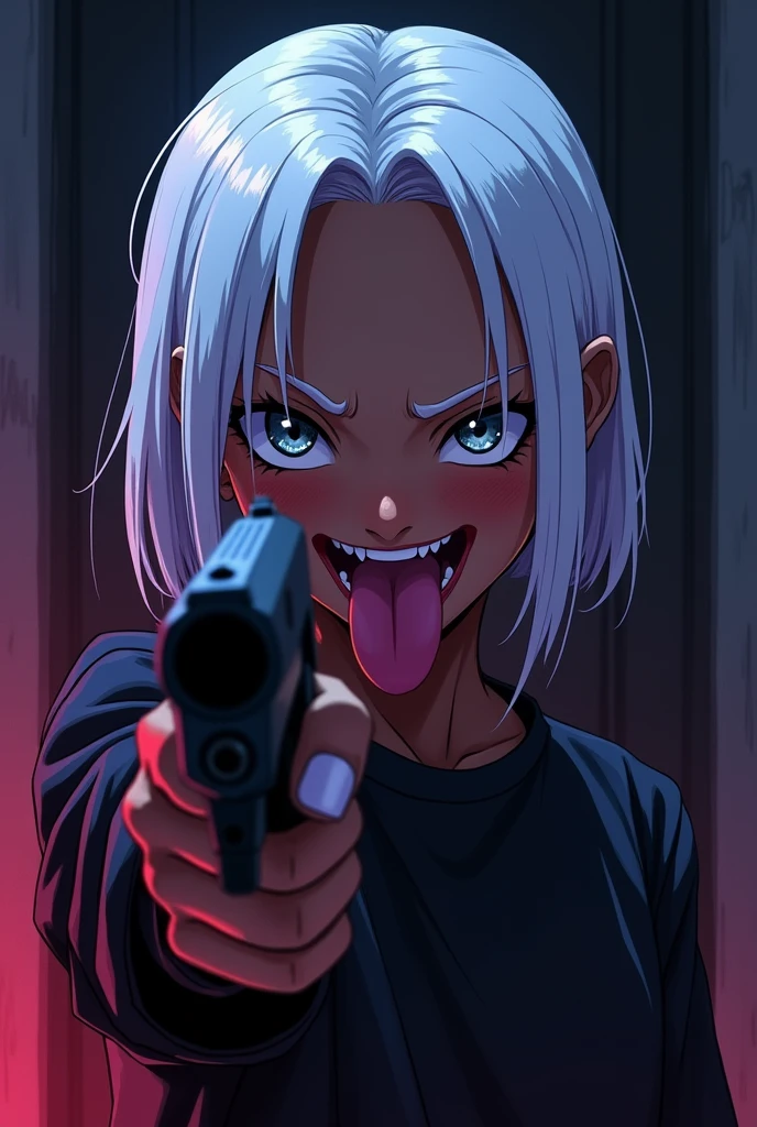 Black girl with white hair, white eyebrow, white eyelashes, brown skin tone, with a malicious smile and a large, sharp tongue sticking out, pointing a gun at the camera at night with the lighting tone pulled towards purple and a bit of blue art style: アニメ