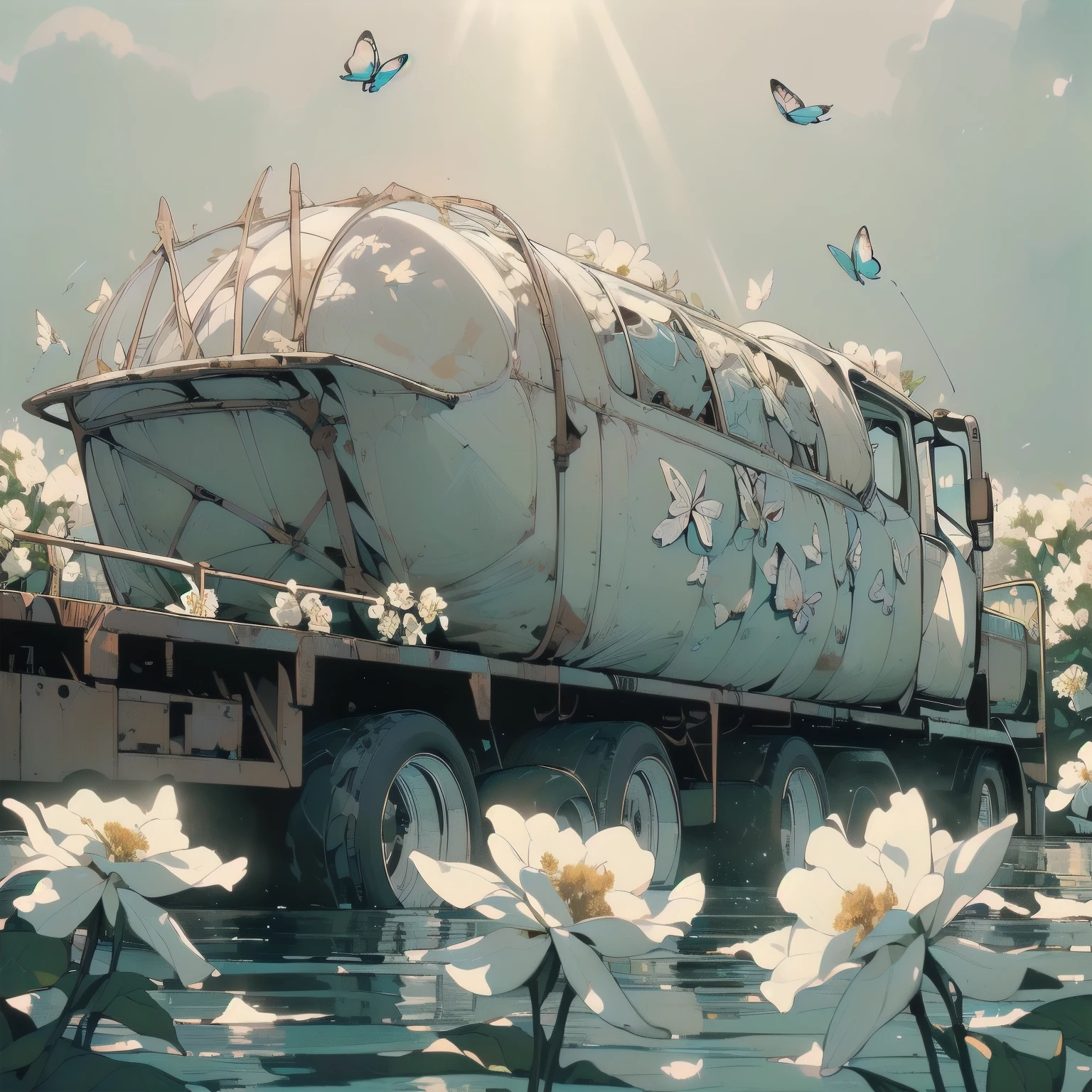 (((Masterpiece, top quality))), (((32K wallpaper))), ultra high resolution, (((close-up))), gorgeous light leak, (((backlit))), highly detailed background, top quality, (((no humans))), highly transparent river, (((extremely detailed rusty heavy truck with many white flowers)), (((( very dull color )))), (((( white flowers in the water))), (((butterfly))),(((Strong light shines in)))