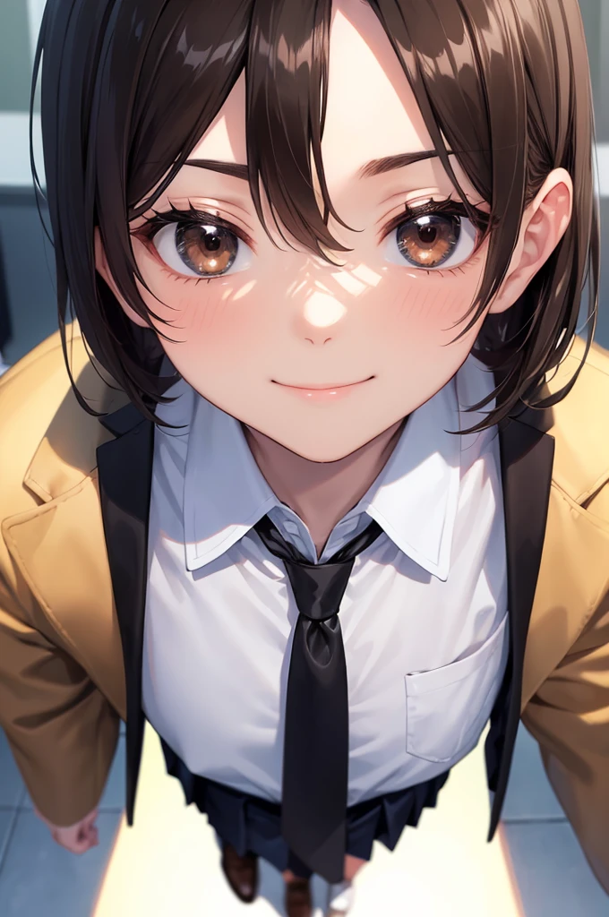 (((masterpiece; best quality: 1.2))), (finely detailed eyes: 1.3), ((1 male )), ((solo)), (brown eyes: 1.4), (body shape; lean, masculine, manly: 1.3), (very short blond hair: 1.3), (clear background: 1.2), ((depth of field)), (equipment: school uniform + black jacket + black necktie + white shirt: 1.3), (anime illustration: 1.2), (background composition; japanese highschool classroom + furniture: 1.1), (very handsome: 1.1), (shot composition; standing + centered on face + medium-shot close-up: 1.5), (facial expression; calm + smile: 1.2)