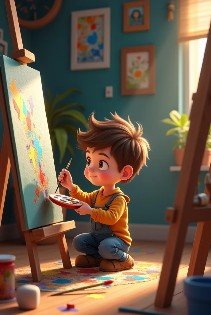 A boy in a room with art screens all around and he is painting